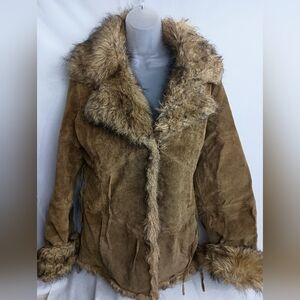 XOXO‎ coatigan leather sherpa vintage brown Y2K  Winter Faux Fur Trimmed Jacket